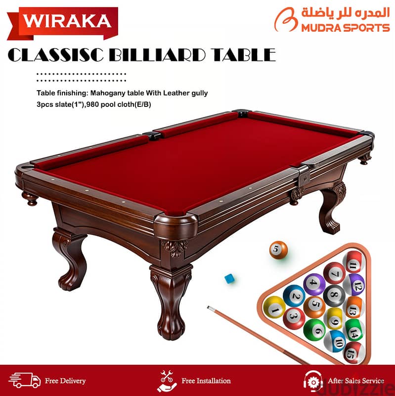 WIRAKA  Jade  Classic Billiard Table 8 Feet X 4 Feet, Red 0