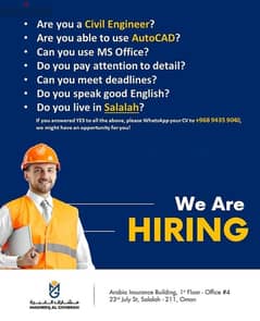 We are hiring Civil Engineer, Send your cv in Whatsapp