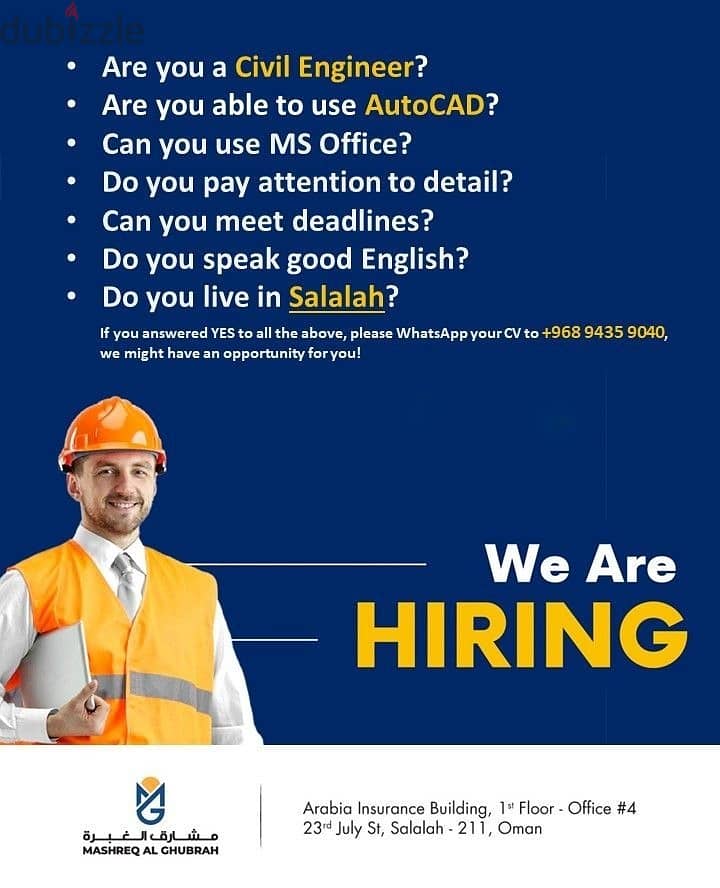 We are hiring Civil Engineer, Send your cv in Whatsapp 0