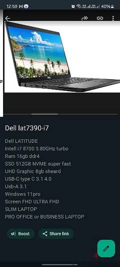 Dell LATITUDE 7390 i7 16gb ram 512ssd 3.60GHz turbo