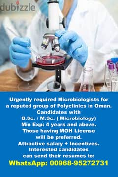 URGENTLY REQUIRED A MICROBIOLOGIST