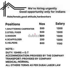 URGENTLY HIRING INDIANS FOR DUBAI