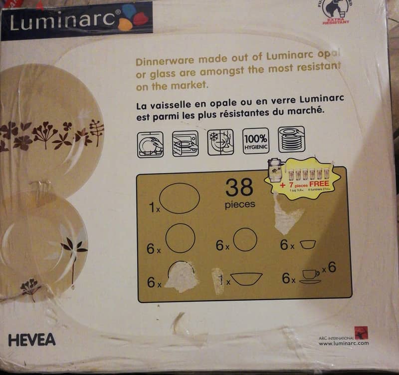 LUMINARC 38 PC DINNERSET+6 GLASSES (EXTRA RESISTENT  )DINNER SET 1