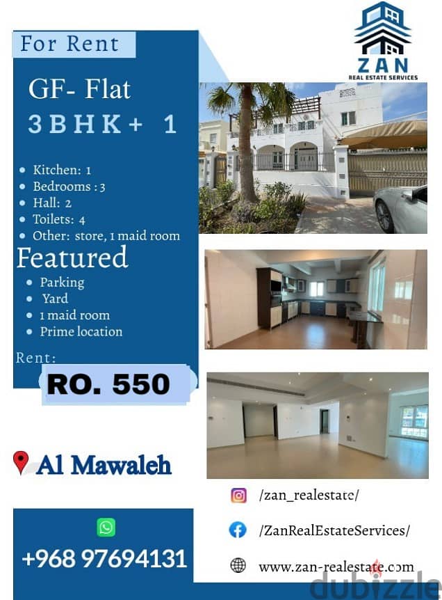 For rent 3 BHK + 1 ground floor flat in Al Mawaleh 3