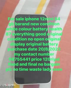 hi friends sell my iphone 12mini 64gb battery health 87 white colour