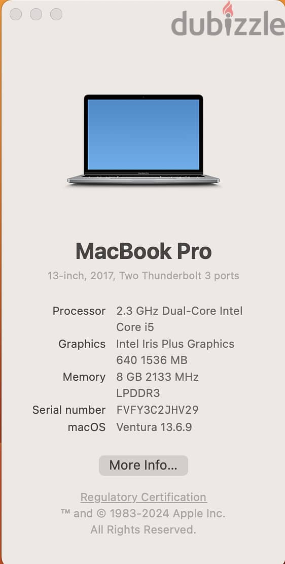 Apple MacBook Pro 13" A1708 (2017) 2.3G i5 8GB 256GB ماك بوك برو A1708 2