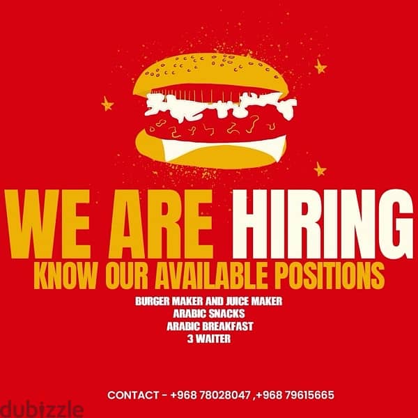 burger maker , juice maker , waiter job available 0