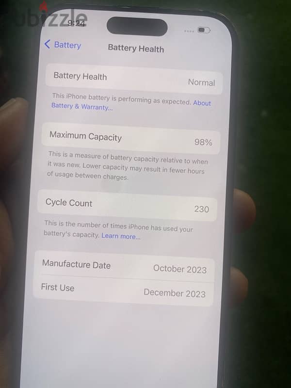 iPhone 15 pro 128gb battery health 98 2