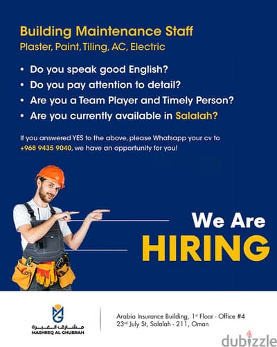 Required Building Maintenance Staff (Plaster,Paint,Tiling,AC,Electric)