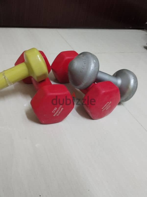 2x 4kg dumbbells, 1x 2kg dumbbell , 1x 1.5 kg dumbell 2