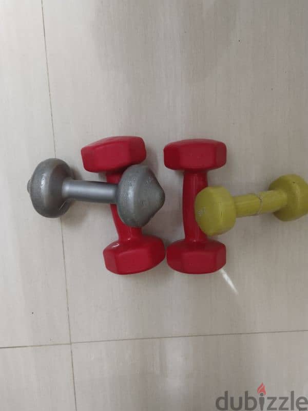 2x 4kg dumbbells, 1x 2kg dumbbell , 1x 1.5 kg dumbell 3