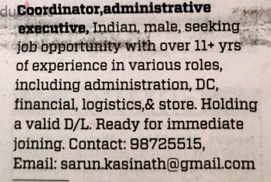 Coordinator/Administrative Executive Seeking Job Opportunity 0