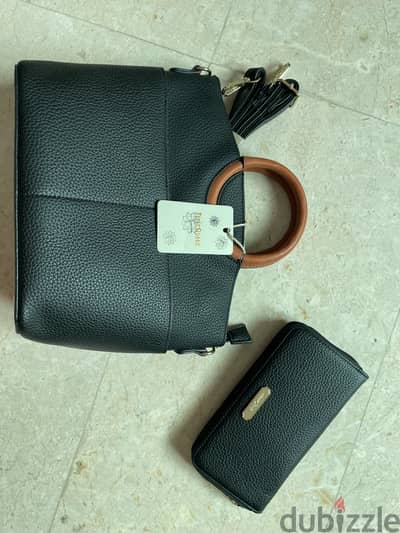 Black Synthetic Leather Handbag + Wallet