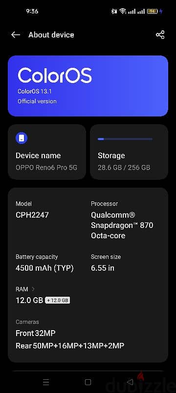 Oppo Reno 6 Pro 5G  12+12 ram 256 rom 6