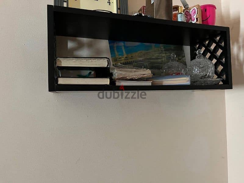 double bed, wall mounted book shelf and side table 0