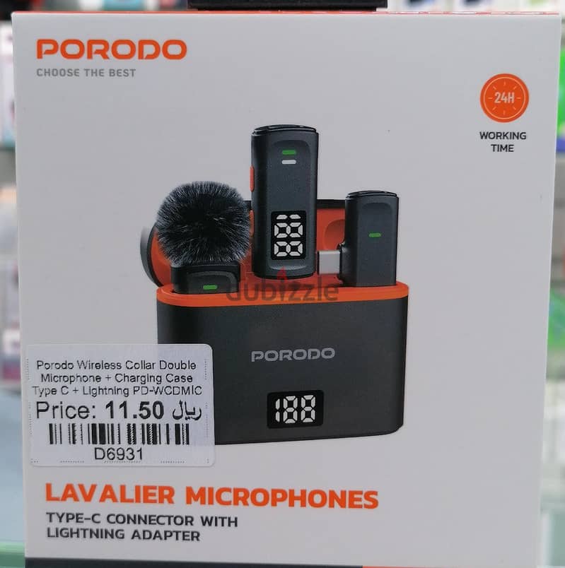 Porodo Wireless Collar Double Microphone + Charging Case Type C + Lig 0