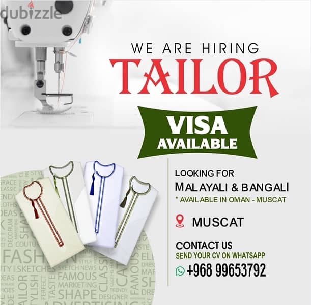 we are look for a gents tailor Indian , Bangladesh , visa available 0