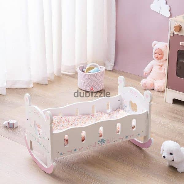 ROBOTIME Wooden Doll Cradle Rocking Baby Doll Crib Reversible Doll 2