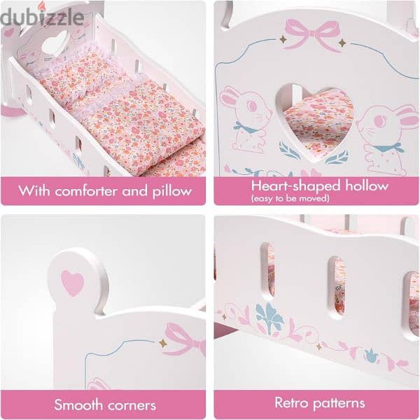 ROBOTIME Wooden Doll Cradle Rocking Baby Doll Crib Reversible Doll 4