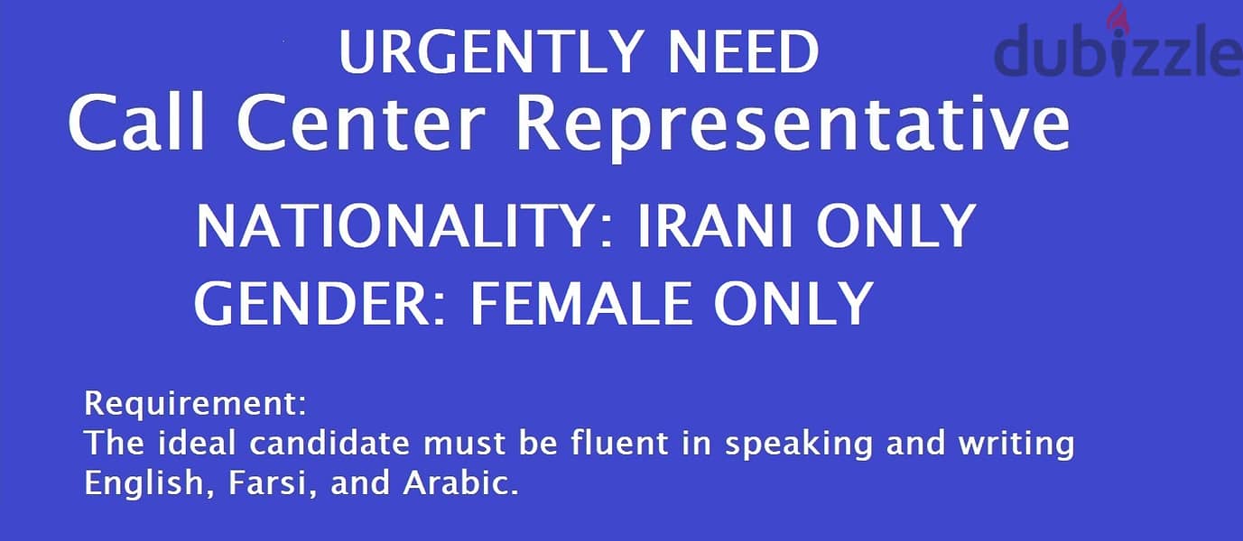 URGENTLY NEED CALL CENTER STAFF (IRANI FEMALE ONLY) 0