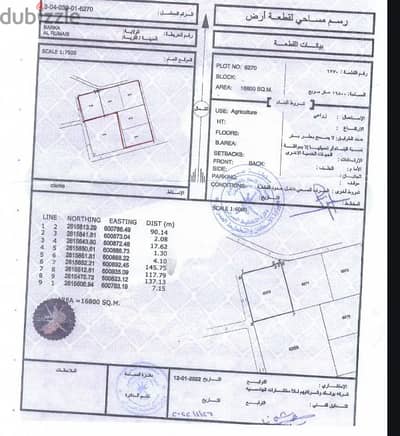 للبيع خمس اراضي زراعية مساحة كل منهن 16800 متر مربع في ولاية بركاء