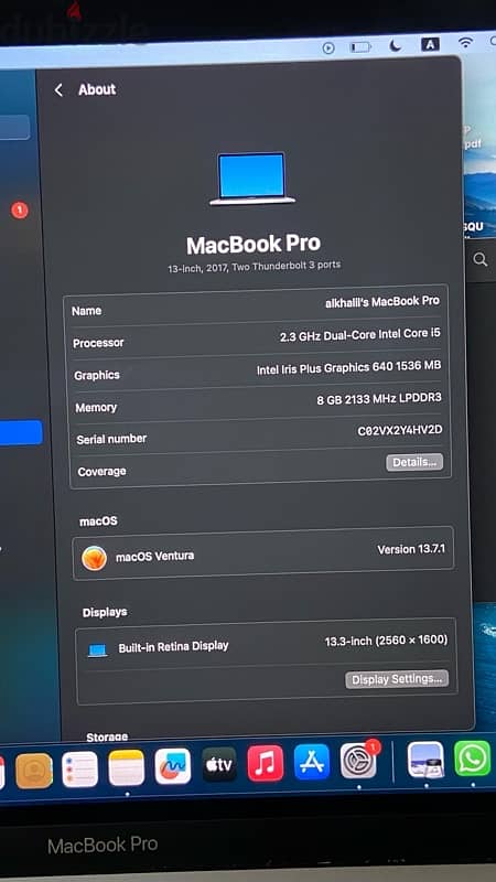 Macbook pro 2017 i5 8gb ram 256 Gb ssd 9