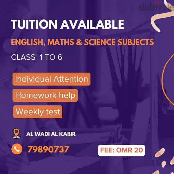 Tuition available (class 1 to 6) for English, Maths & Science subjects 0