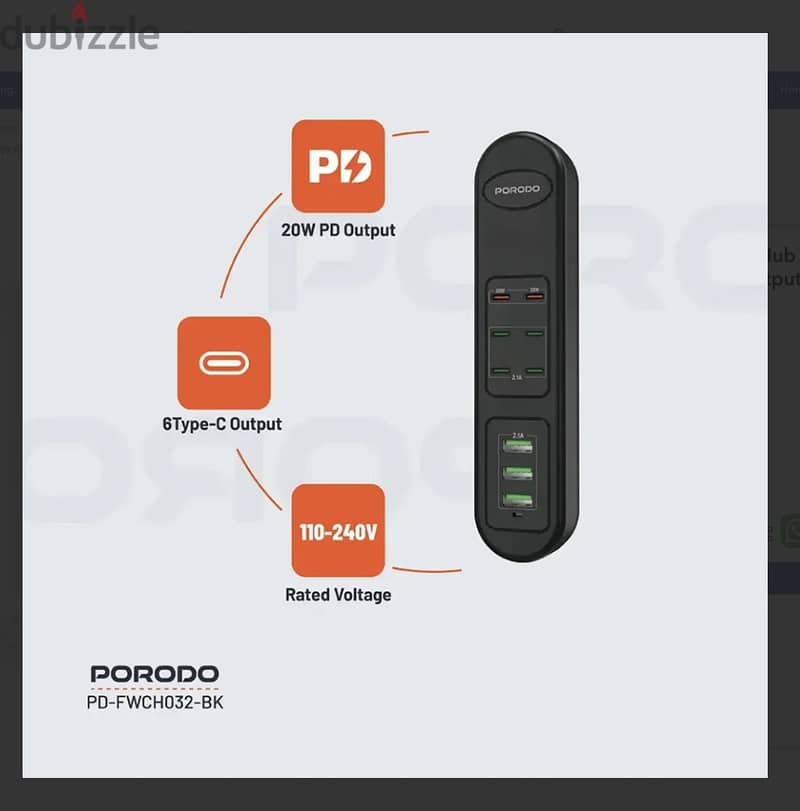 Porodo 50W & 85W Multi-Port USB Charger for Home & Office with 20/35PD 2