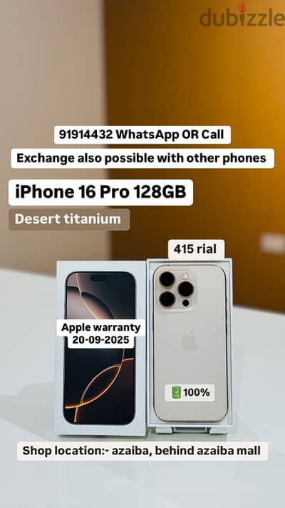 iPhone 16 Pro 128GB -100% -apple warranty 20-09-2025