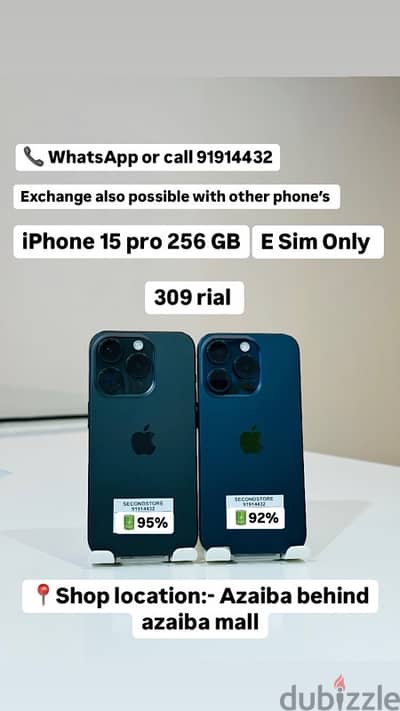 iPhone 15 Pro 256 GB E Sim only with 95% &  92% battery health