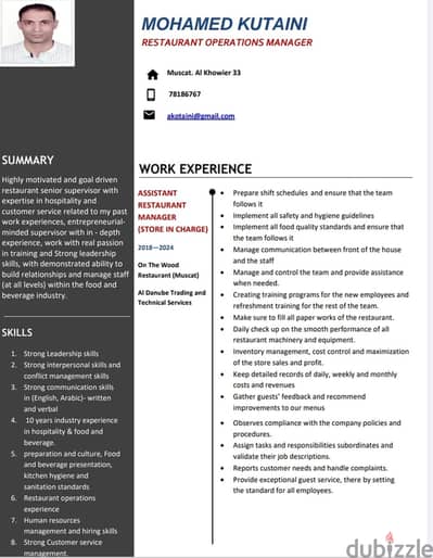 EXPERIENCE RESTAURANT MANAGER LOOKING FOR JOB