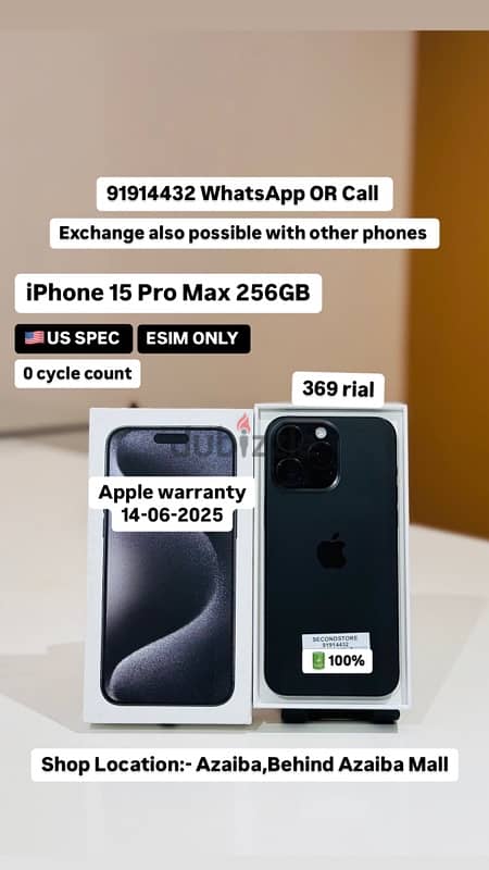 iPhone 15 Pro Max 256BB -Us spec-esim only-14-06-2025 apple warranty 0