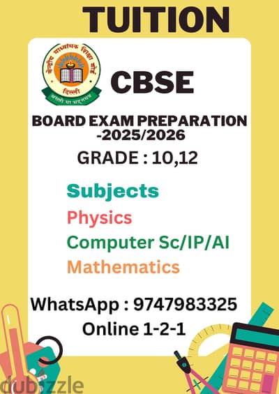 TUITION CBSE BOARD EXAM 10,12  WhatsApp : +91 9747983325