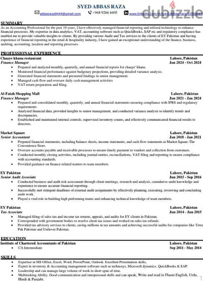 Senior Accountant (CA Inter) 10 years accounting experience.