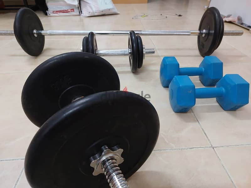 GYM Items:- 34Kg dumbbells with 3 Steel bars in good condition 4