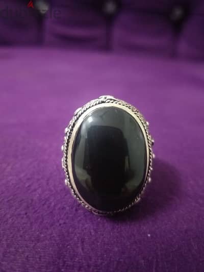 خاتم جزع عقيق يمني أسود بخطوط رصاصي natural black yamani agate ring