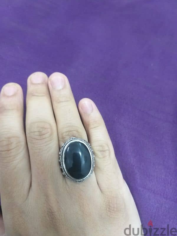 خاتم جزع عقيق يمني أسود بخطوط رصاصي natural black yamani agate ring 3