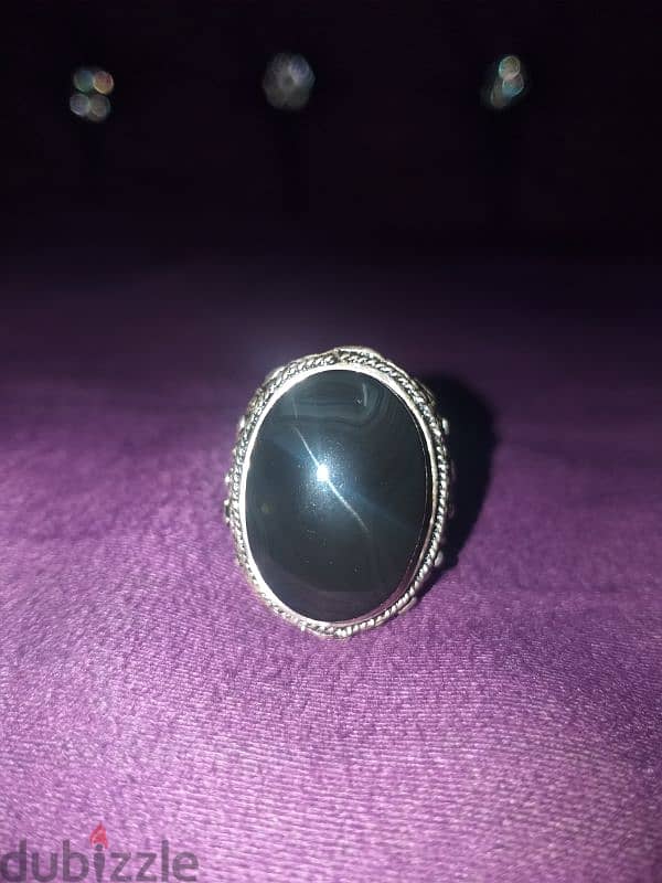 خاتم جزع عقيق يمني أسود بخطوط رصاصي natural black yamani agate ring 4