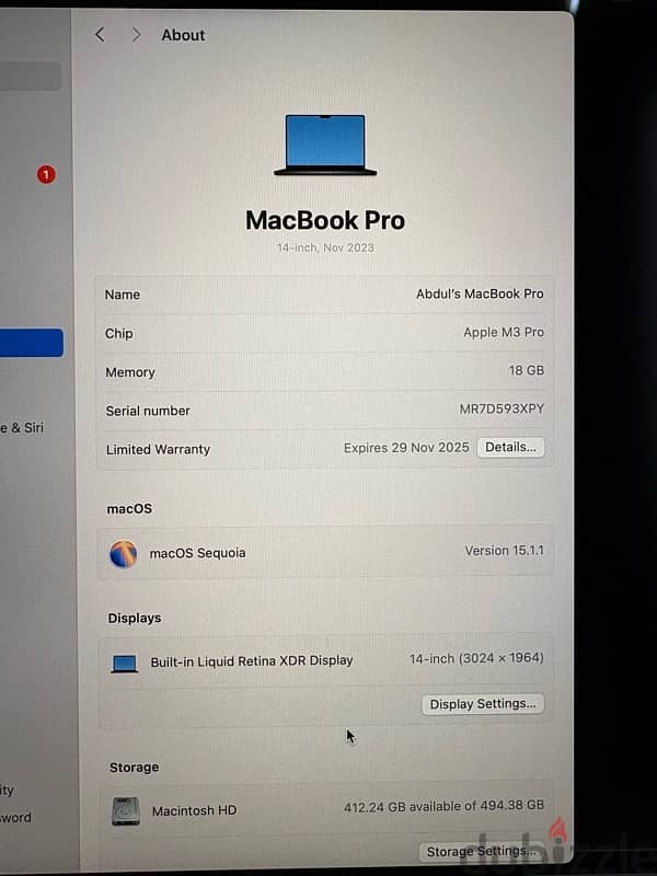 Apple MacBook Pro M3 Pro 18 Gb Ram 512 Gb Warranty till 29-11-25 3