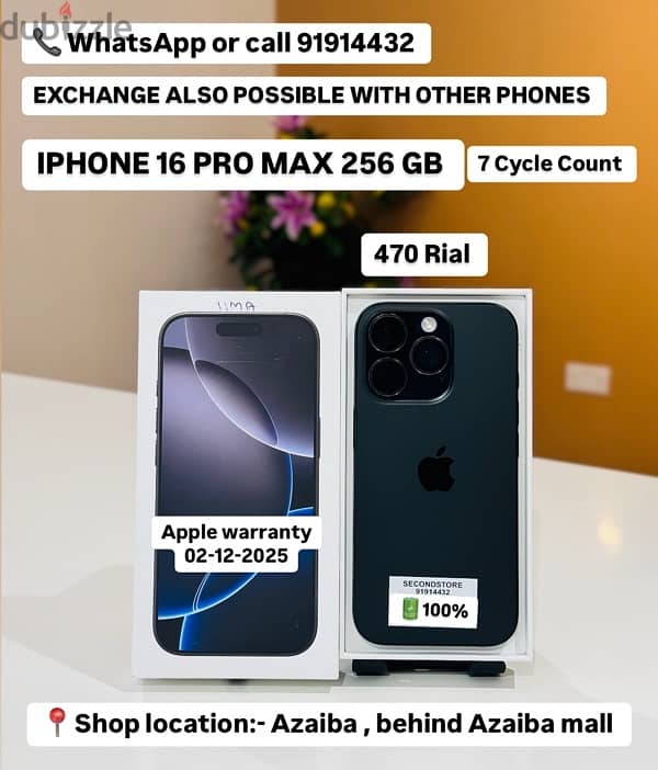 IPHONE 16 PRO MAX 256 GB 7 Cycle Count A Apple warranty 02-12-2025 0