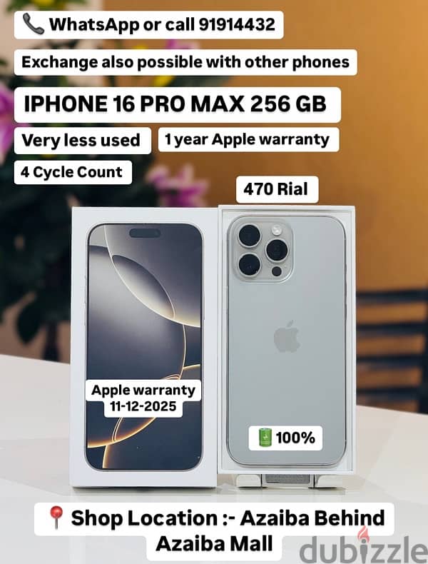 IPHONE 16 PRO MAX 256 GB Very less used 1 year  warranty 4 Cycle Count 0