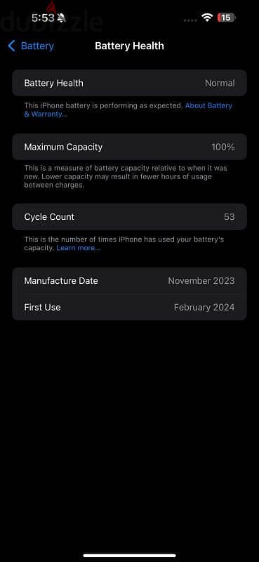 iphone 15 pro max 256 GB 100% battery health 53 cycle 4