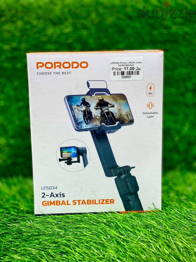 PORODO 2-AXIS GIMBAL STABILIZER DETACHABLE LIGHT 8H BATTERY LIFE 0