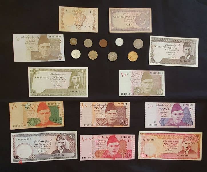 A Set of 9 different Pakistani coins + 12 Pakistani Banknotes 0