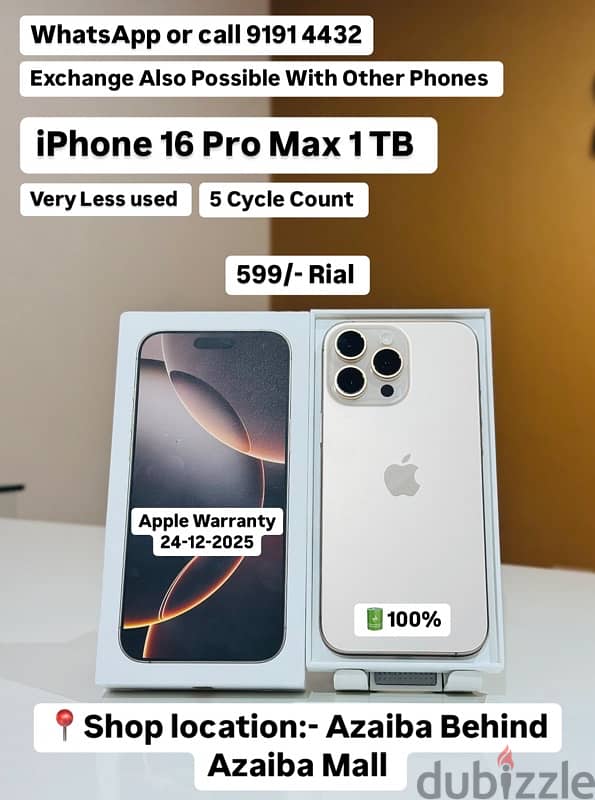 iPhone 16 Pro Max 1 TB Very Less used only 5Cycle Count 1year warranty 0