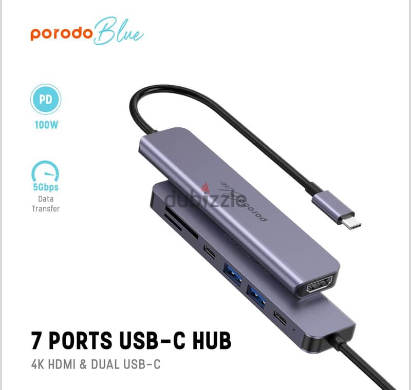 Porodo Blue 7in1 USB-C Hub 4K HDMI 100W Pwr Delivery- Ph +968 94093830 2