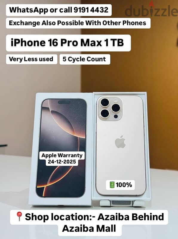 iPhone 16 Pro Max 1TB - 5 days used -5 cycle count -1 year warranty 0