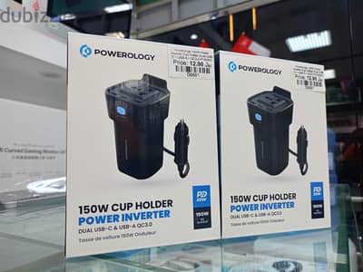 Powerology 150W Power Inverter Cup Holder Dual USB C + USB A QC3.0