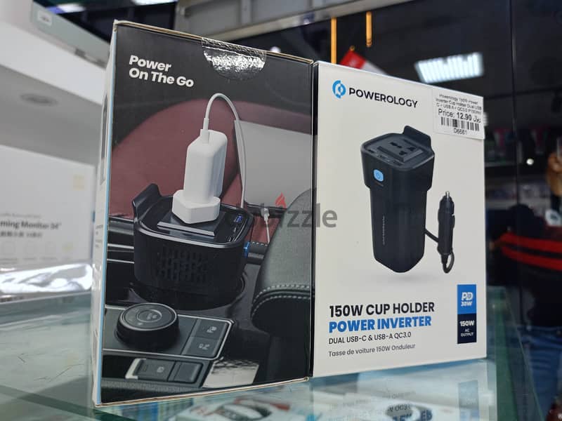 Powerology 150W Power Inverter Cup Holder Dual USB C + USB A QC3.0 1