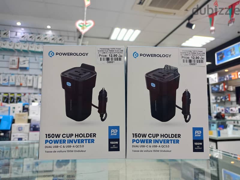 Powerology 150W Power Inverter Cup Holder Dual USB C + USB A QC3.0 2